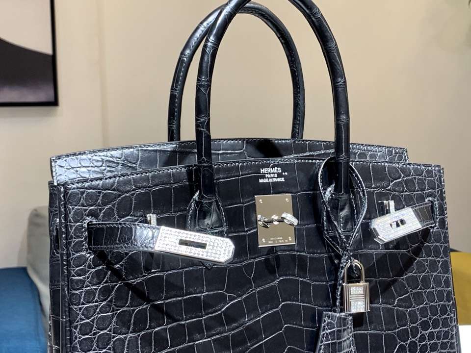 hermes 爱马仕 铂金包 birkin 鳄鱼皮 纯手工蜡线 黑色 银扣 全套专柜