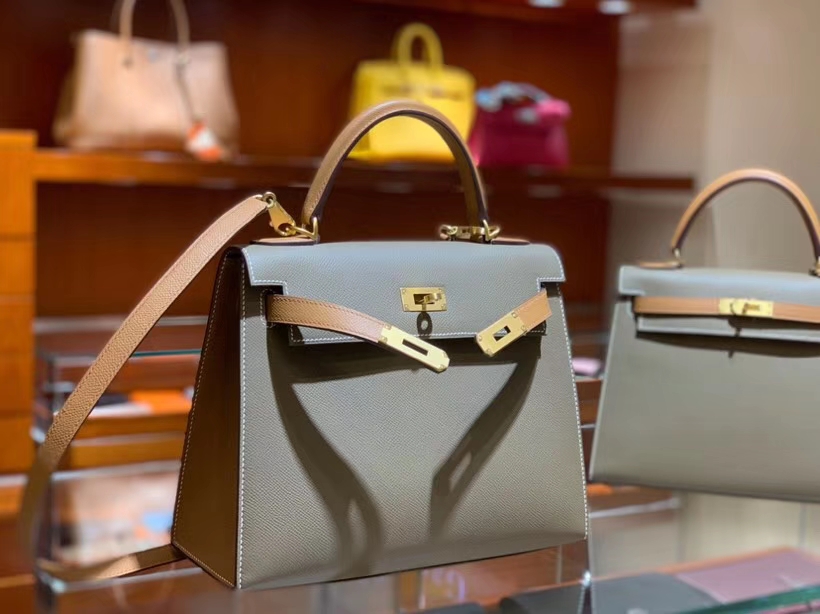 hermes 爱马仕 凯莉包 kelly25cm28cmepsom 大象灰拼金棕色 拉丝金